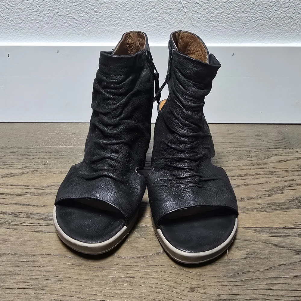 Miz Mooz Becca Encaged Open Toe Bootie Leather Sandal Wedge in Distressed Black